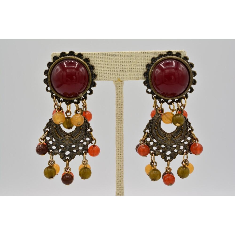 Vintage Cabochon Clip On Earrings Orange Beaded Brass Dangle Chunky 1980s 9C